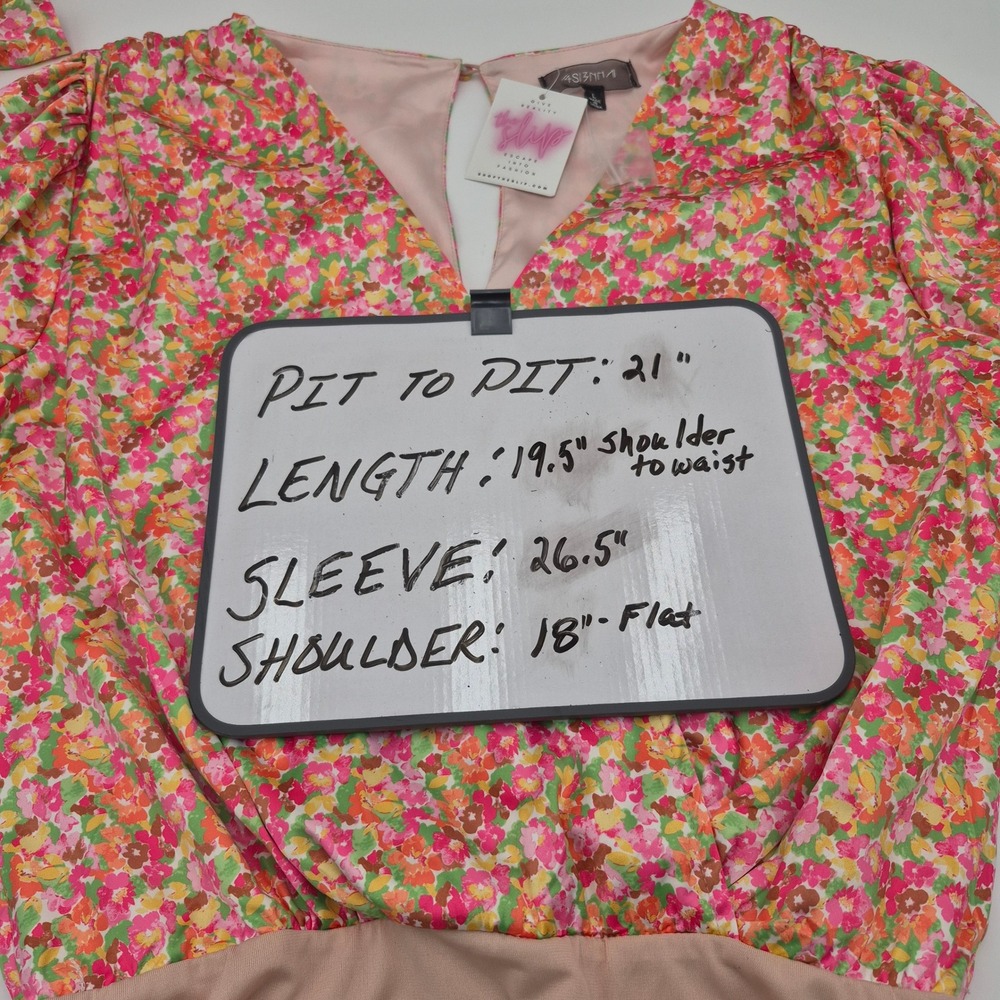 4SI3NNA Enja Bodysuit Womens Large Floral V-Neck Smocked Cuff Pink Orange Multi - Picture 3 of 7